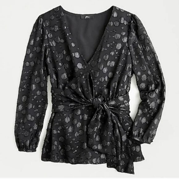 J. Crew Tie-waist V-neck Long Sleeve Top / Blouse in Metallic Dot Jacquard S - Picture 5 of 12